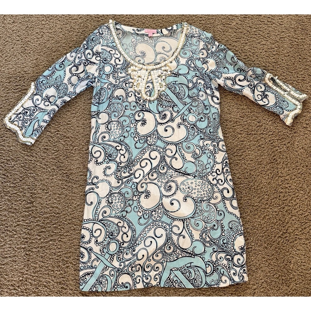 Lilly Pulitzer Sarah Tunic Dress Womens Blue White 3/4 Sleeves Beaded Medium